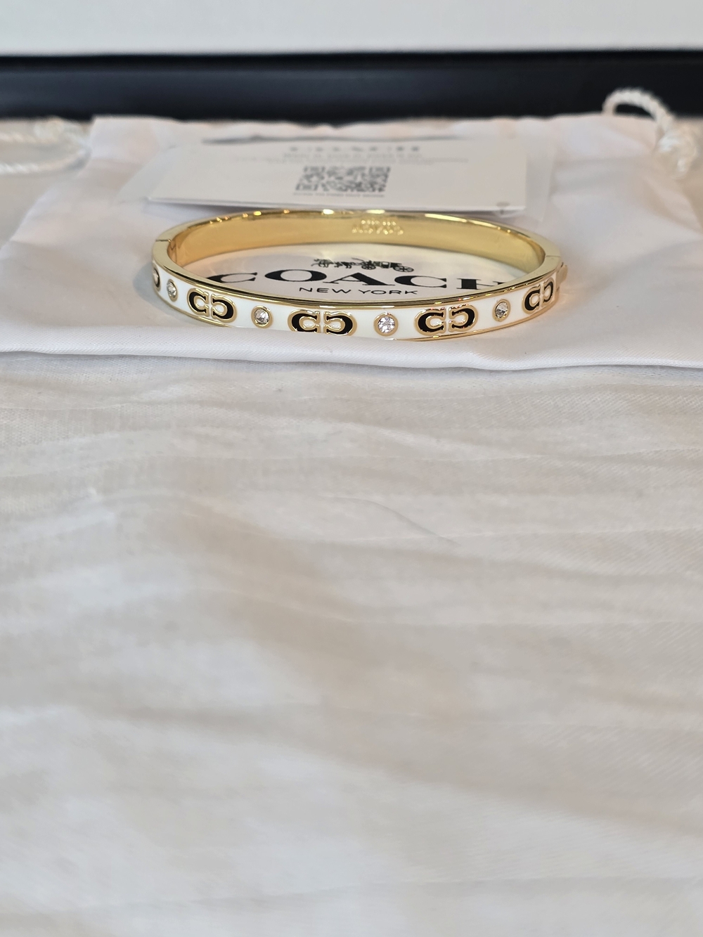 Coach Gold & White Signature Logo With Rhinestone Bangle